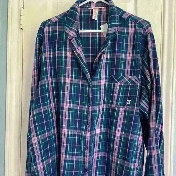 Victoria Secret Pink Blue Plaid flannel pajama top size XXL. - Picture 1 of 3